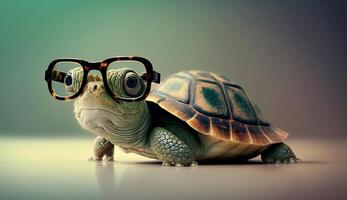 süß wenig Grün Schildkröte mit Brille im Vorderseite von Studio Hintergrund. generativ ai foto