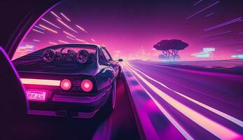 Cyberpunk futuristisch retro Welle Synth Welle Auto, retro Sport Auto mit Neon- Hintergrundbeleuchtung Konturen, generativ ai foto