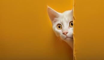erschrocken Katze späht aus von hinter ein Ecke auf ein Gelb Hintergrund, mit Kopieren Raum, erstellt mit generativ ai Technologie foto