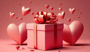 Valentinstag Tag. Hintergrund mit realistisch festlich Geschenke Kasten. romantisch gegenwärtig. Rosa Kisten mit rot Band Geschenk Überraschung. generativ ai foto