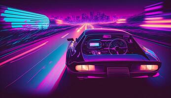 Cyberpunk futuristisch retro Welle Synth Welle Auto, retro Sport Auto mit Neon- Hintergrundbeleuchtung Konturen, generativ ai foto