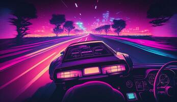 Cyberpunk futuristisch retro Welle Synth Welle Auto, retro Sport Auto mit Neon- Hintergrundbeleuchtung Konturen, generativ ai foto