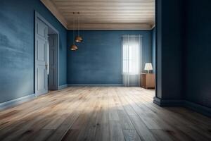 modern Innere leeren Zimmer skandinavisch Stil Holz Bodenbelag und Blau Mauer 3d Wiedergabe. ai generiert foto