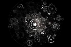 Technologie Weiß Kreis Ausrüstung verbinden mit System oder Server Konzept im mation Digital abstrakt schwarz Hintergrund Vektor Illustration. ai generiert foto