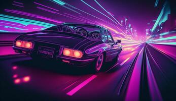 Cyberpunk futuristisch retro Welle Synth Welle Auto, retro Sport Auto mit Neon- Hintergrundbeleuchtung Konturen, generativ ai foto