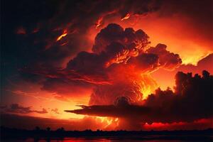 hell rot Sonnenuntergang dramatisch Abend Himmel mit Wolken. generativ ai Illustration. foto