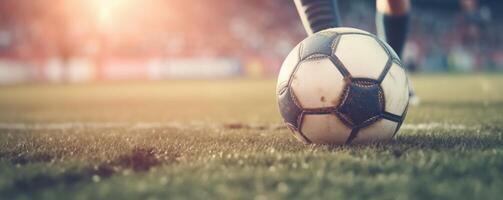 Fußball oder Fußball Spieler spielen mit das Ball im Stadion. generativ ai foto