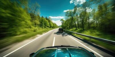 elektrisch Auto Fahren auf das Straße mit Grün Natur und Blau Himmel Bewegung verwischen Hintergrund. generativ ai foto