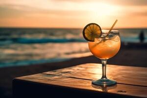 Sommer- tropisch Strand Hintergrund mit frisch Margarita coctail auf das Tabelle im heiß Sommer- Tag. ai generiert foto