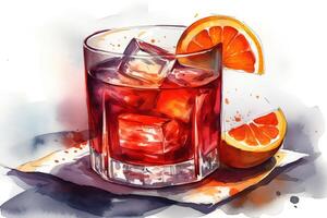 Aquarell Illustration von ein Negroni Cocktail trinken eben Illustration Stil. ai generiert foto