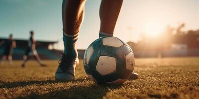 Fußball oder Fußball Spieler spielen mit das Ball im Stadion. generativ ai foto