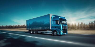 LKW Fahren auf das Straße mit schön Landschaft Bewegung verwischen Hintergrund. generativ ai foto