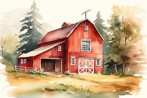 Aquarell rot Scheune Hand gemalt Bauernhaus Illustration. ai generiert foto