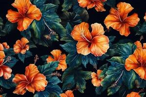 Aquarell Hibiskus Blume nahtlos Muster auf dunkel Hintergrund. ai generiert foto