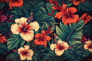 hawaiisch Stil Muster mit Hibiskus Blumen und üppig Vegetation Ideal exotisch Hintergründe. ai generiert foto
