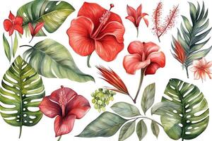 tropisch Blätter und Blume Rahmen Aquarell Palme Blatt Monstera Banane rot Hibiskus. ai generiert foto