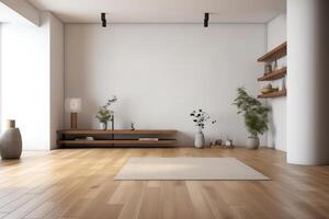 modern Mitte Jahrhundert und minimalistisch Innere von Leben Zimmer leeren Zimmer Weiß Mauer und Holz Fußboden 3d machen. ai generiert foto