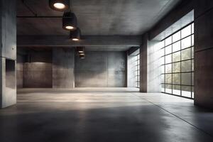 abstrakt leeren modern Beton Zimmer mit Decke Beleuchtung und Rau Fußboden industriell Innere Hintergrund Vorlage 3d Illustration. ai generiert foto