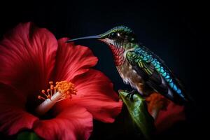 das Kunst von Bestäubung Kolibri Fütterung auf Hibiskus Blume schön Fotografie. ai generiert foto