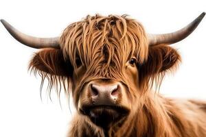 Erwachsene schottisch Hochland Kuh Porträt isoliert auf ein Weiß Hintergrund. ai generiert foto