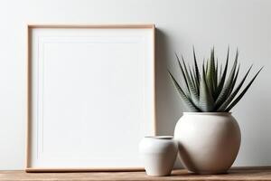 leeren horizontal Rahmen Attrappe, Lehrmodell, Simulation im modern minimalistisch Innere mit Pflanze im modisch Vase auf Weiß Mauer Hintergrund Vorlage Kunstwerk Gemälde Foto oder Poster. ai generiert