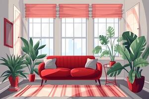 Illustration von modern Leben Zimmer Innere mit rot Sofa in der Nähe von groß eingetopft Pflanze und Panorama- Fenster gegen Mauer mit Streifen. ai generiert foto