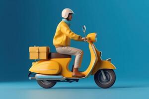 Lieferung Mann Reiten Roller Motorrad zum online Lieferung Bedienung auf Blau Hintergrund. generativ ai foto