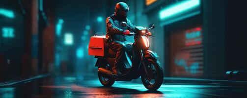Lieferung Mann Reiten Roller Motorrad beim Nacht mit Neon- Beleuchtung, Bewegung verwischen Stadtbild Hintergrund. generativ ai foto