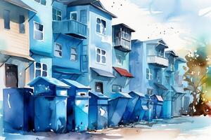 Wohnung Komplex überfüllt Blau recyceln Behälter im Aquarell mit. ai generiert foto