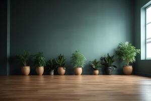 eingetopft Pflanzen schmücken das leeren Leben Zimmer mit Grün Wände und ein Hartholz Boden. ai generiert foto
