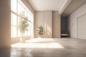 minimalistisch leeren Zimmer mit Beige und Weiß Hintergründe Beton Fußboden Sonne Strahl gemütlich Zuhause Innen- Pflanze Bereich Büro und Leben Räume spotten oben 3d Wiedergabe. ai generiert foto