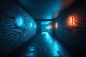 Neon- retro Backstein Wände Verein Nebel dunkel nebelig leeren Flur Gang Zimmer Garage Studio tanzen glühend Blau Orange Stelle Beleuchtung Beton Fußboden 3d Wiedergabe. ai generiert foto