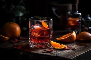 Negroni Cocktail mit Orange schälen auf ein dunkel hölzern Tisch. ai generiert foto