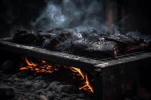 Verbrennung Holzkohle Grill Grill Holzkohle geräuchert Fleisch Feuer. ai generiert foto