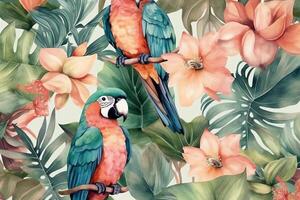 tropisch Aquarell Vögel Kolibri Affe und Jaguar exotisch Urwald Pflanzen Blätter Blumen Flamingo Pastell- Farbe nahtlos Stoff Hintergrund. ai generiert foto