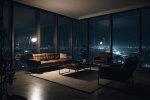 Leben Zimmer Nacht Stadt Aussicht aus von Glas Fenster modern Design Wohnung Innere mit Möbel. ai generiert foto