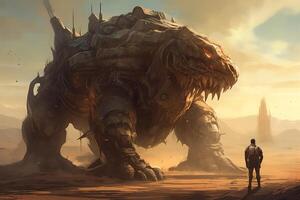 Apokalypse Krieger gegenüber ein Riese mechanisch Tier im Wüste Digital Gemälde Stil. ai generiert foto