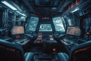 futuristisch Aussicht von Raumschiff Cockpit Steuerung Tafel 3d Illustration Wissenschaft Fiktion Hintergrund heftig Farbe. ai generiert foto