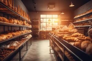 verschwommen organisch umweltfreundlich vegan Lebensmittelgeschäft Bäckerei Geschäft mit hölzern Mauer Parkett Fußboden Vielfalt von Brot Brötchen Snack auf Regal gesund Einkaufen Lebensstil Innere Design Dekoration Hintergrund. ai generiert foto