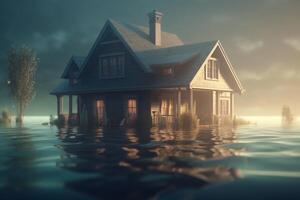 Haus unter Wasser 3d Illustration. ai generiert foto