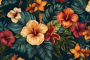 tropisch hawaiisch Muster mit Hibiskus Blumen und üppig Vegetation Ideal exotisch Hintergründe. ai generiert foto