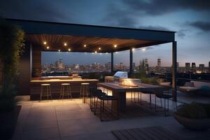 ein modern und glatt Dach Grill Bereich mit ein atemberaubend Stadtbild Aussicht und glatt Einrichtung perfekt hochwertig städtisch Leben. ai generiert foto