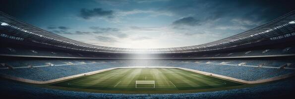 Fußball oder Fußball Stadion mit Grün Feld und Blau Himmel. generativ ai foto