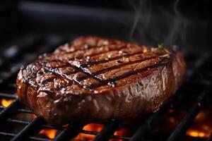 heiß Rindfleisch Steak auf Grill Gitter. ai generiert foto