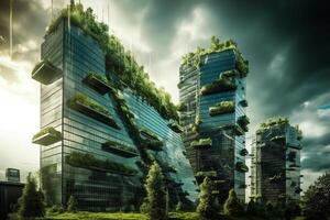 nachhaltig Grün Stadt mit futuristisch Büro Gebäude und die Architektur sublimieren Bild. ai generiert foto
