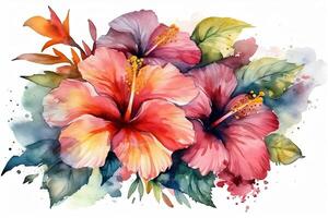 tropisch Sommer- exotisch Blumen Aquarell gezeichnet Hibiskus auf isoliert Weiß Hintergrund. ai generiert foto