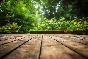 hölzern Fußboden im das Garten mit Grün Natur Hintergrund. ai generiert foto