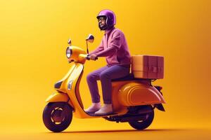 Lieferung Mann Reiten Roller Motorrad zum online Lieferung Bedienung auf Gelb Hintergrund. generativ ai foto