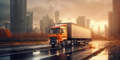 LKW Fahren auf das Straße mit Stadtbild Bewegung verwischen Hintergrund. generativ ai foto