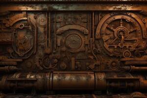 scifi Steampunk rostig Mauer Hintergrund Maschinen Textur Design. ai generiert foto